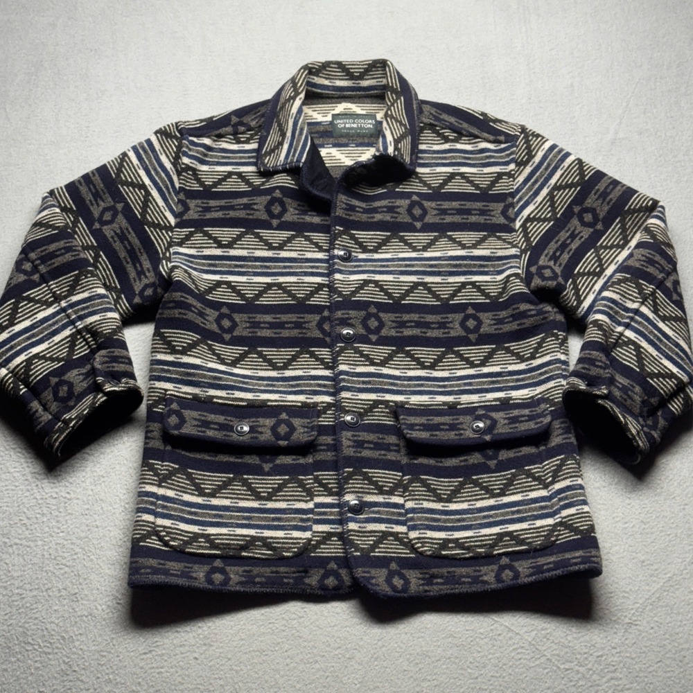United Colors of Benetton Wool Chore Jacket Mens 48 M Blue Southwestern Italy